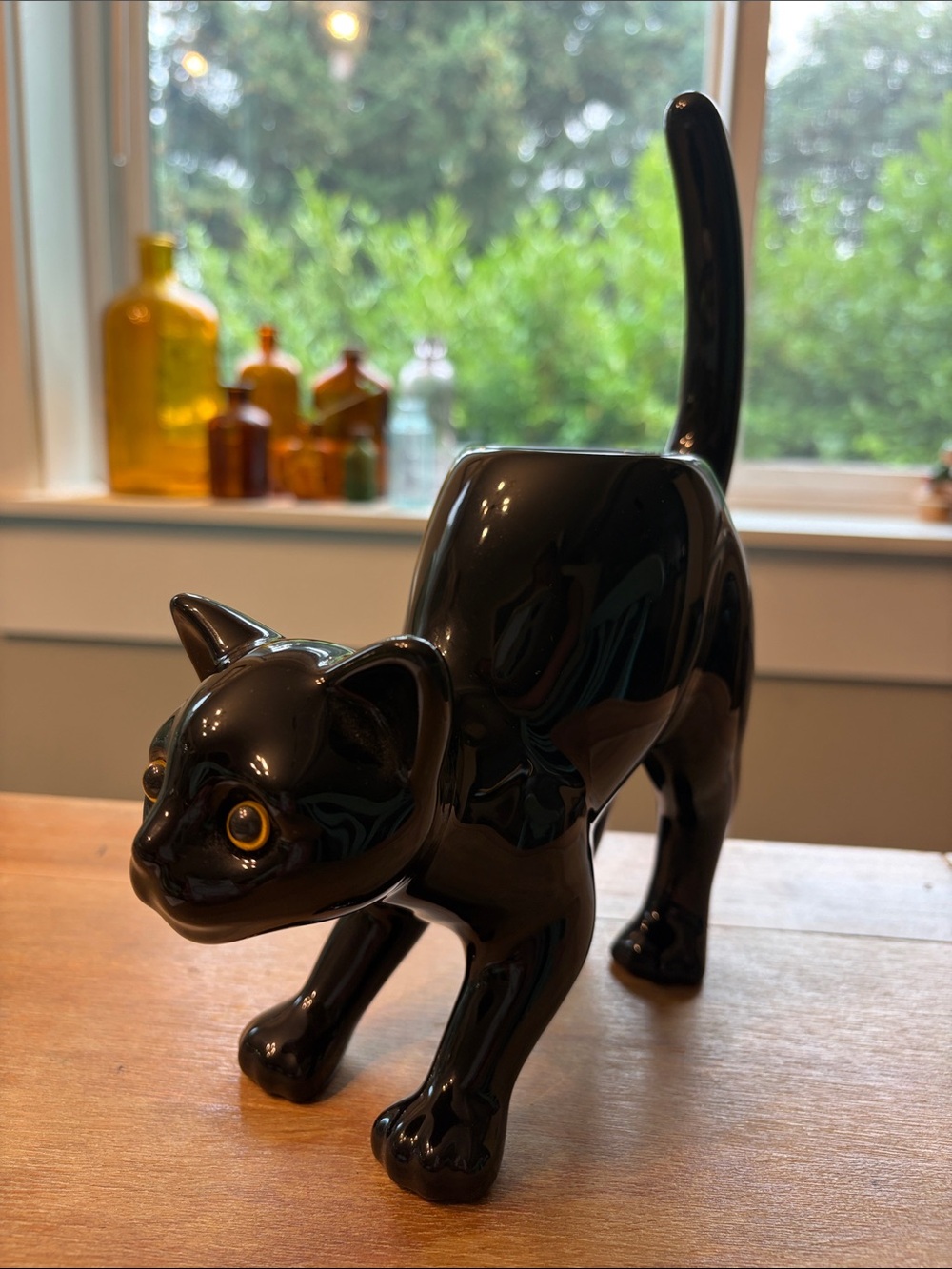 Glossy Black Ceramic Cat Tea Light Holder - Partylite